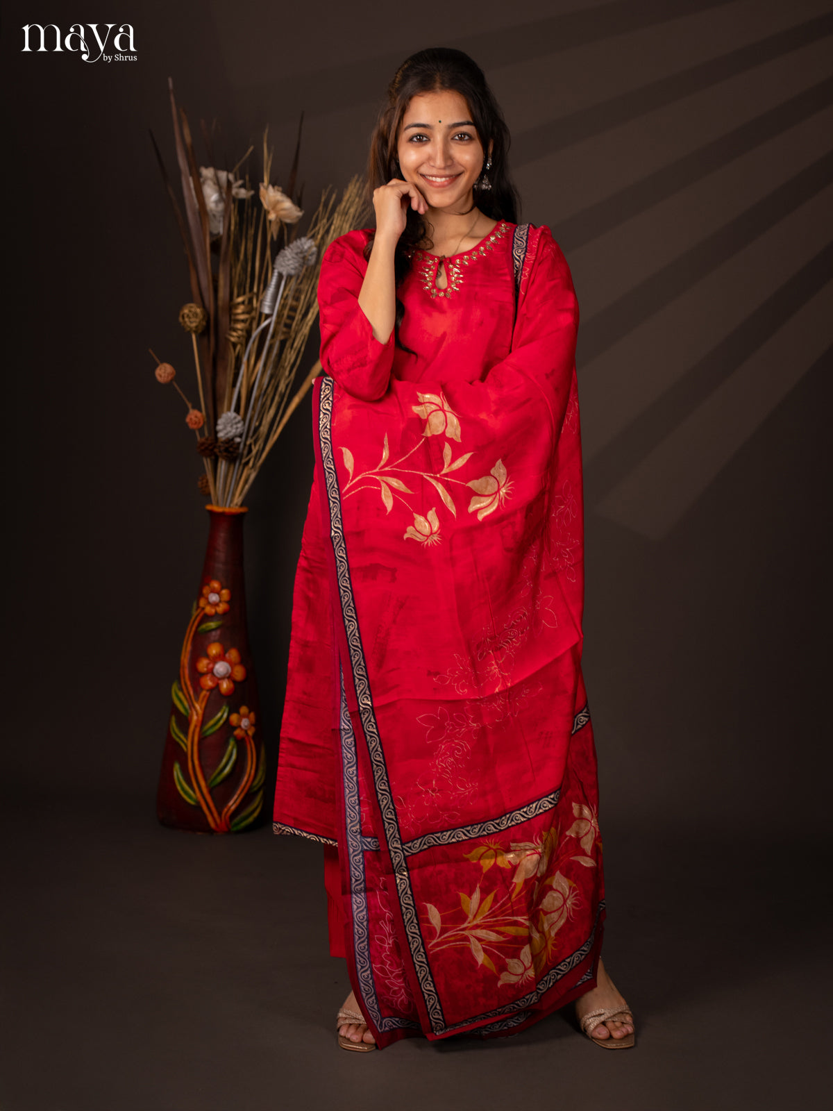 Pink Rayon 3Pc Salwar Suit With Floral Print - Top,Bottom & Dupatta