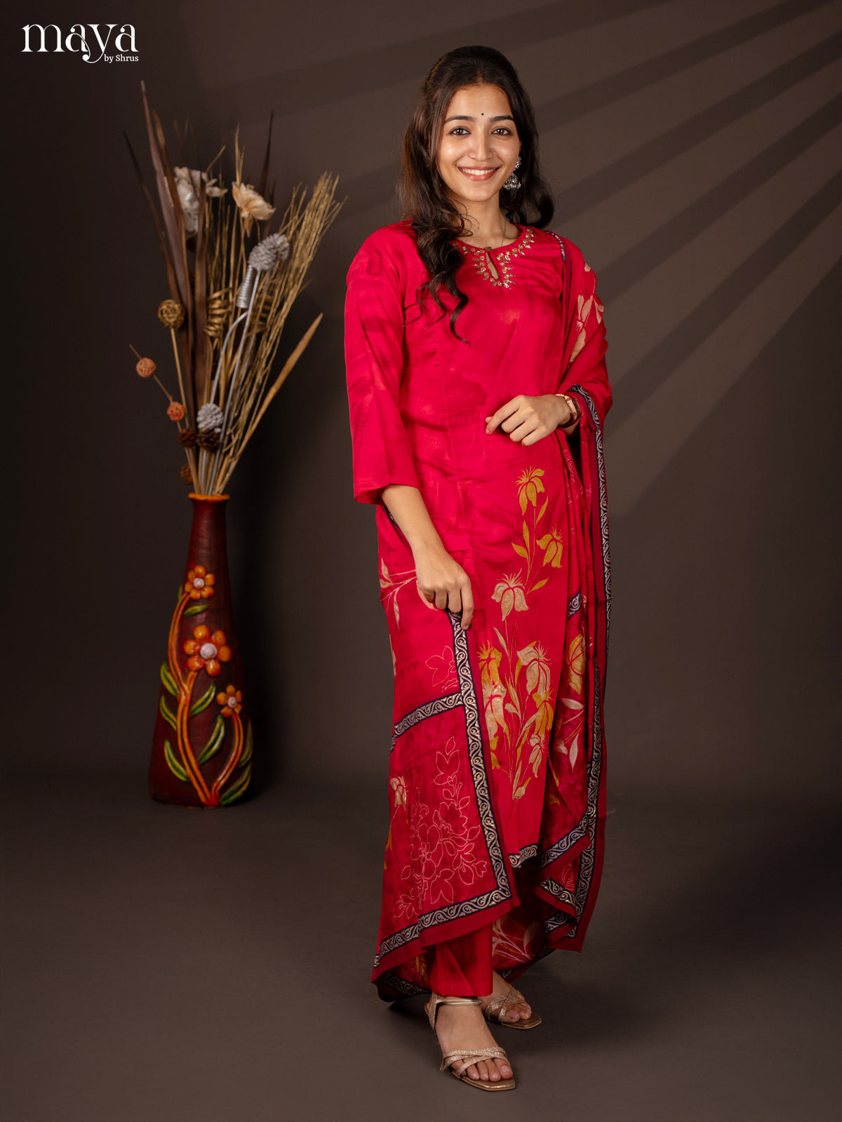Pink Rayon 3Pc Salwar Suit With Floral Print - Top,Bottom & Dupatta