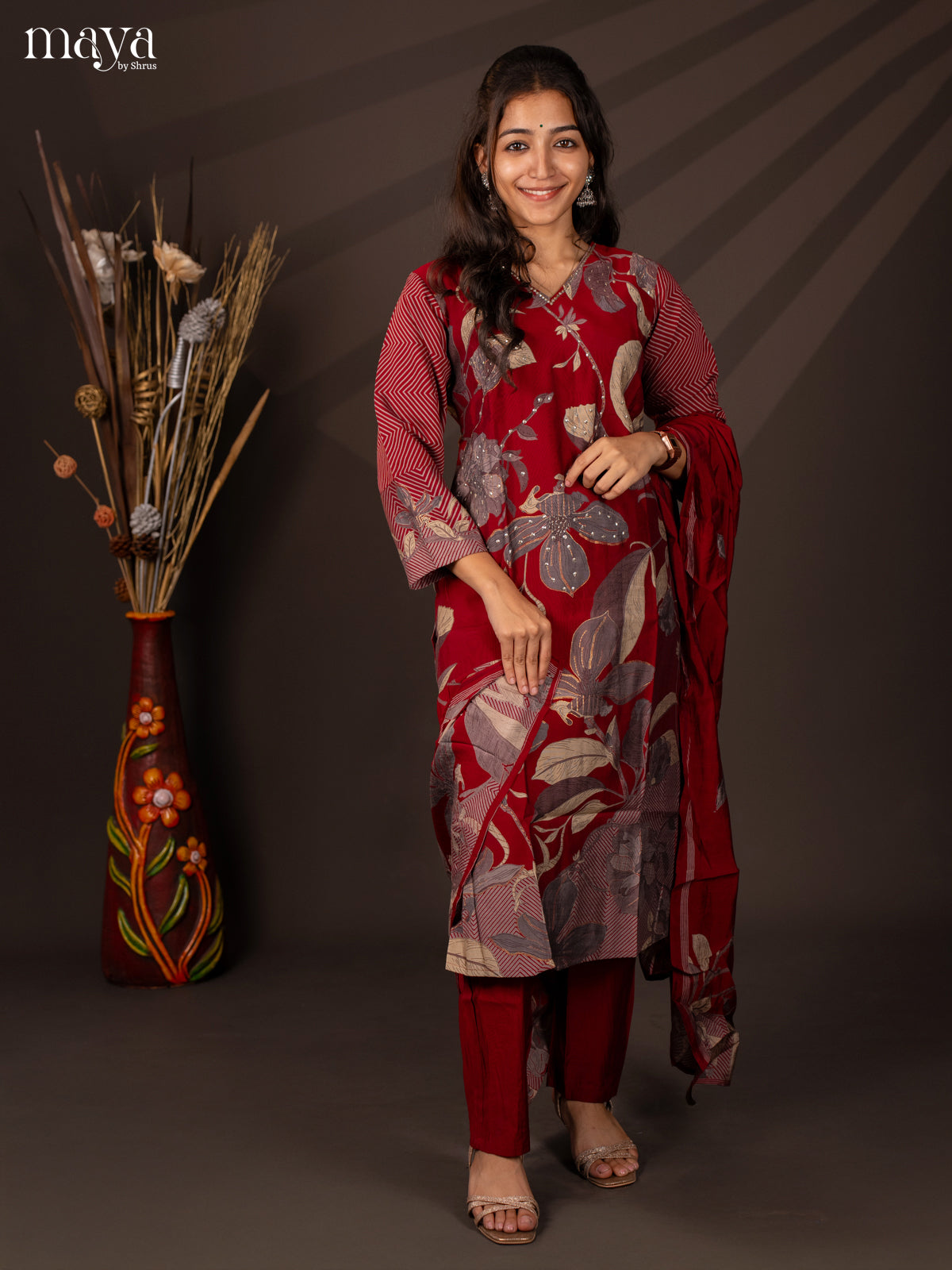 Red Rayon 3Pc Salwar Suit with Floral Print - Top, Bottom & Dupatta