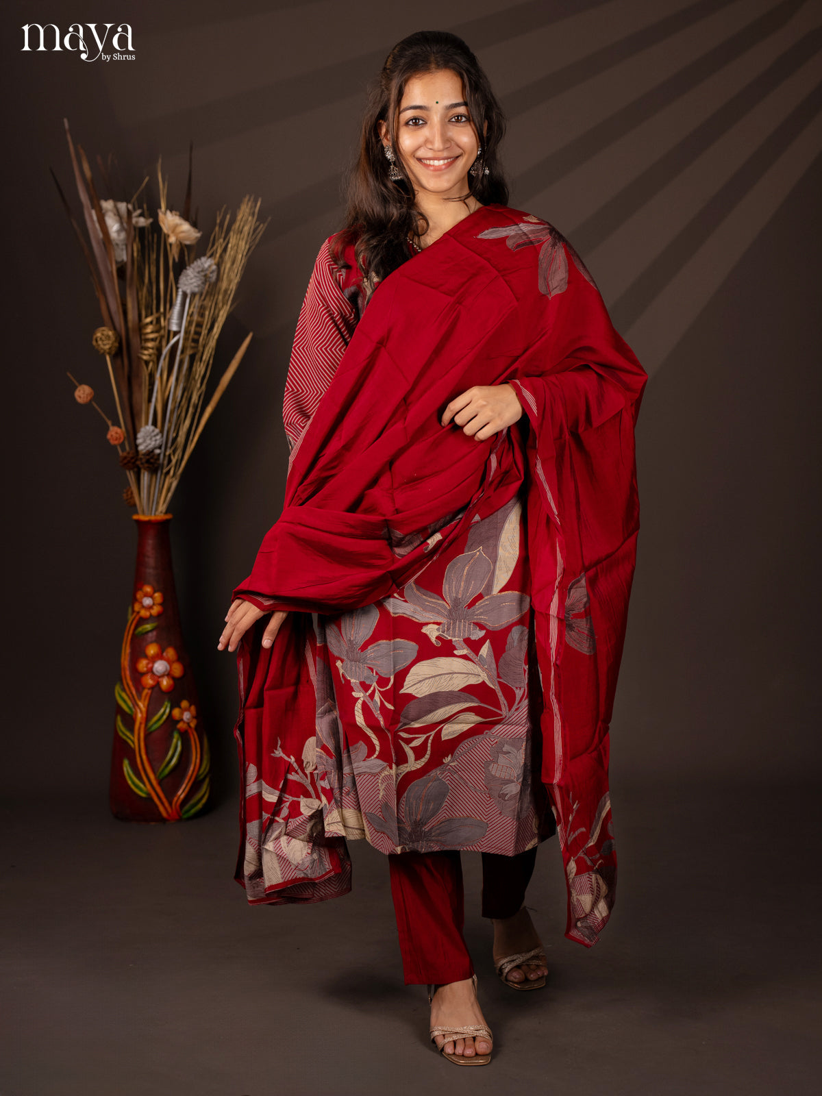 Red Rayon 3Pc Salwar Suit with Floral Print - Top, Bottom & Dupatta