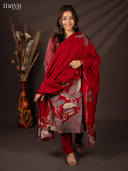 Red Rayon 3Pc Salwar Suit with Floral Print - Top, Bottom & Dupatta
