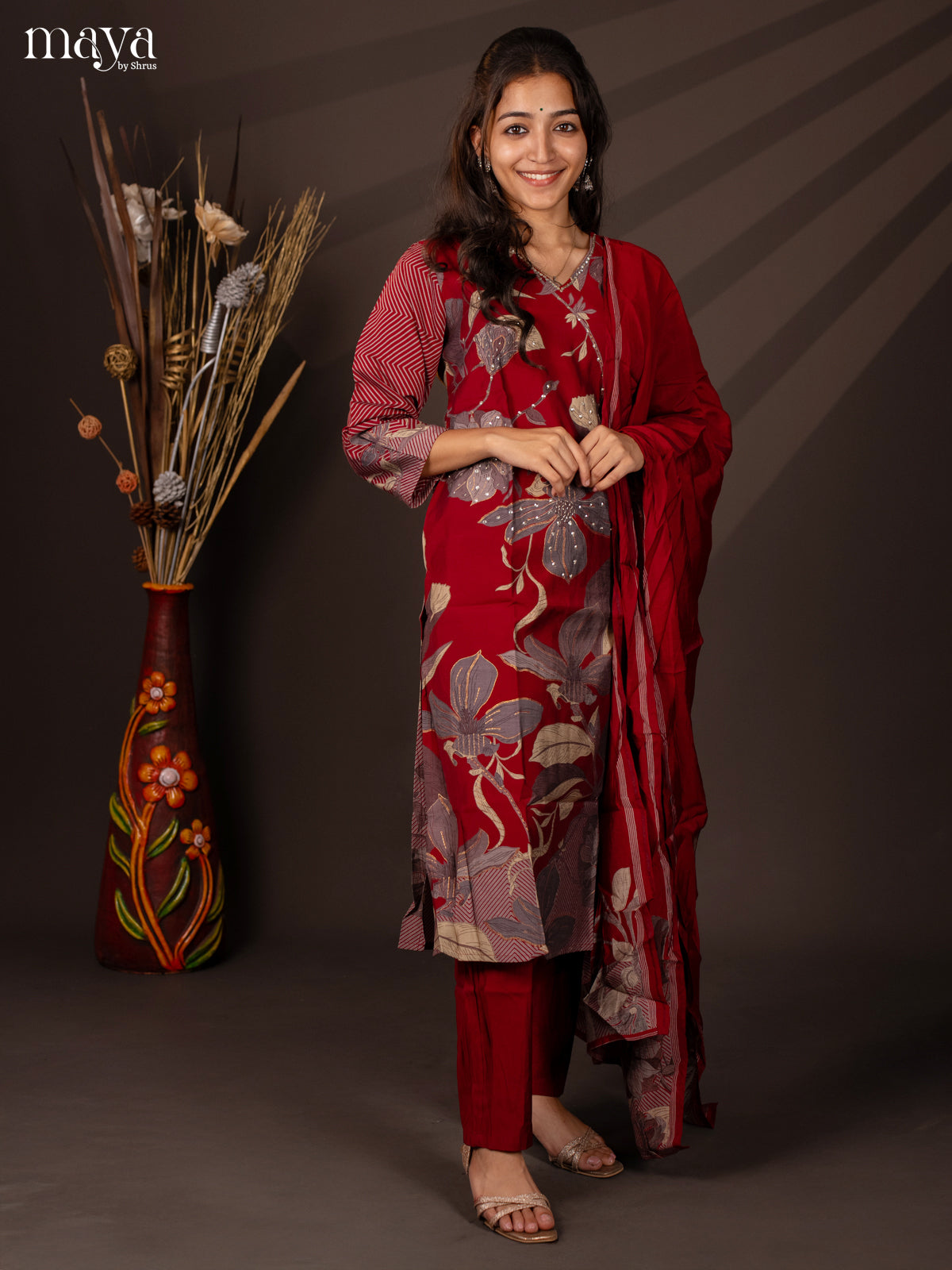 Red Rayon 3Pc Salwar Suit with Floral Print - Top, Bottom & Dupatta