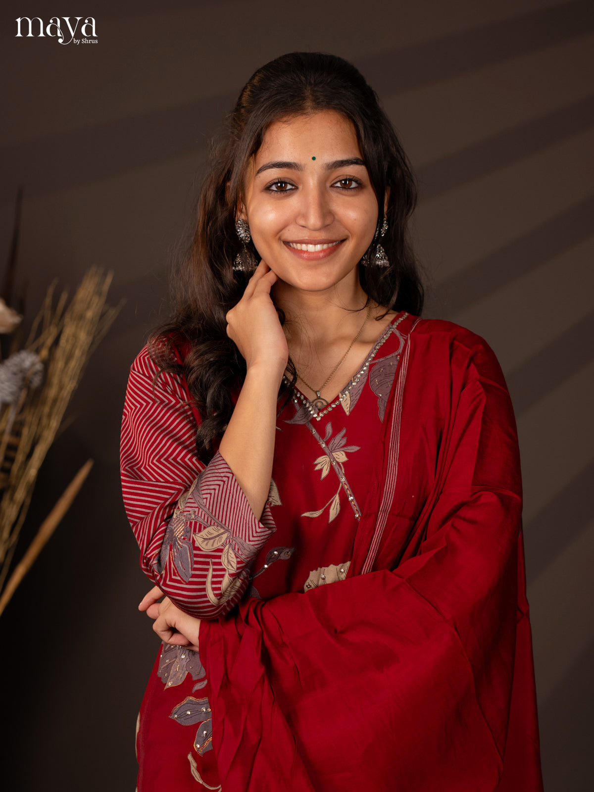 Red Rayon 3Pc Salwar Suit with Floral Print - Top, Bottom & Dupatta