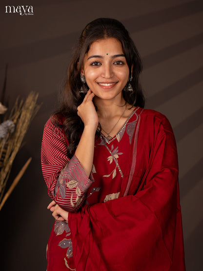 Red Rayon 3Pc Salwar Suit with Floral Print - Top, Bottom & Dupatta