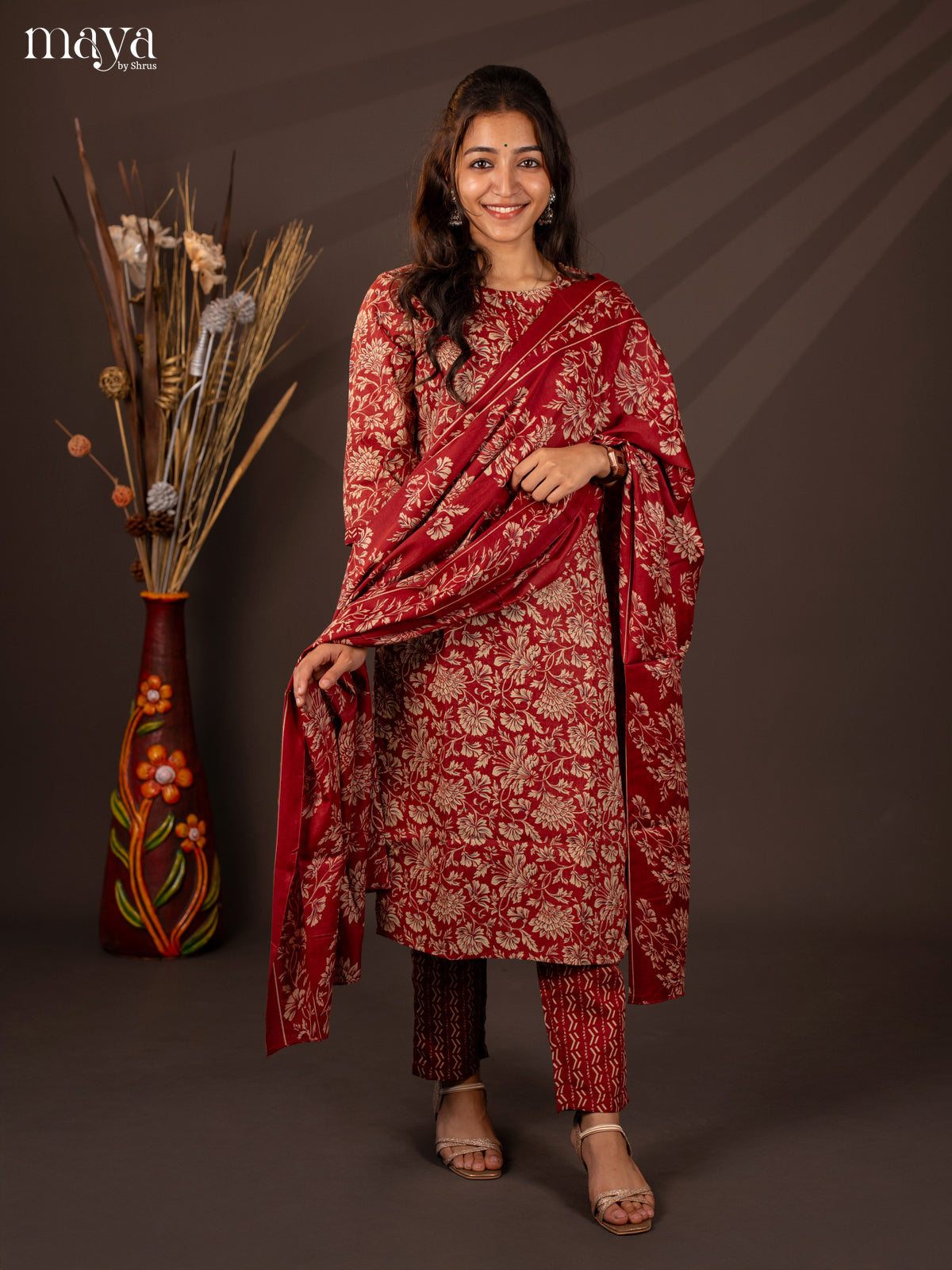 Maroon Cotton Mix 3Pc Salwar Suit With Floral Print - Top, Bottom & Dupatta