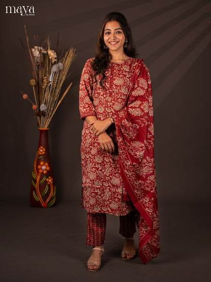 Maroon Cotton Mix 3Pc Salwar Suit With Floral Print - Top, Bottom & Dupatta - Shop on Shrus.com