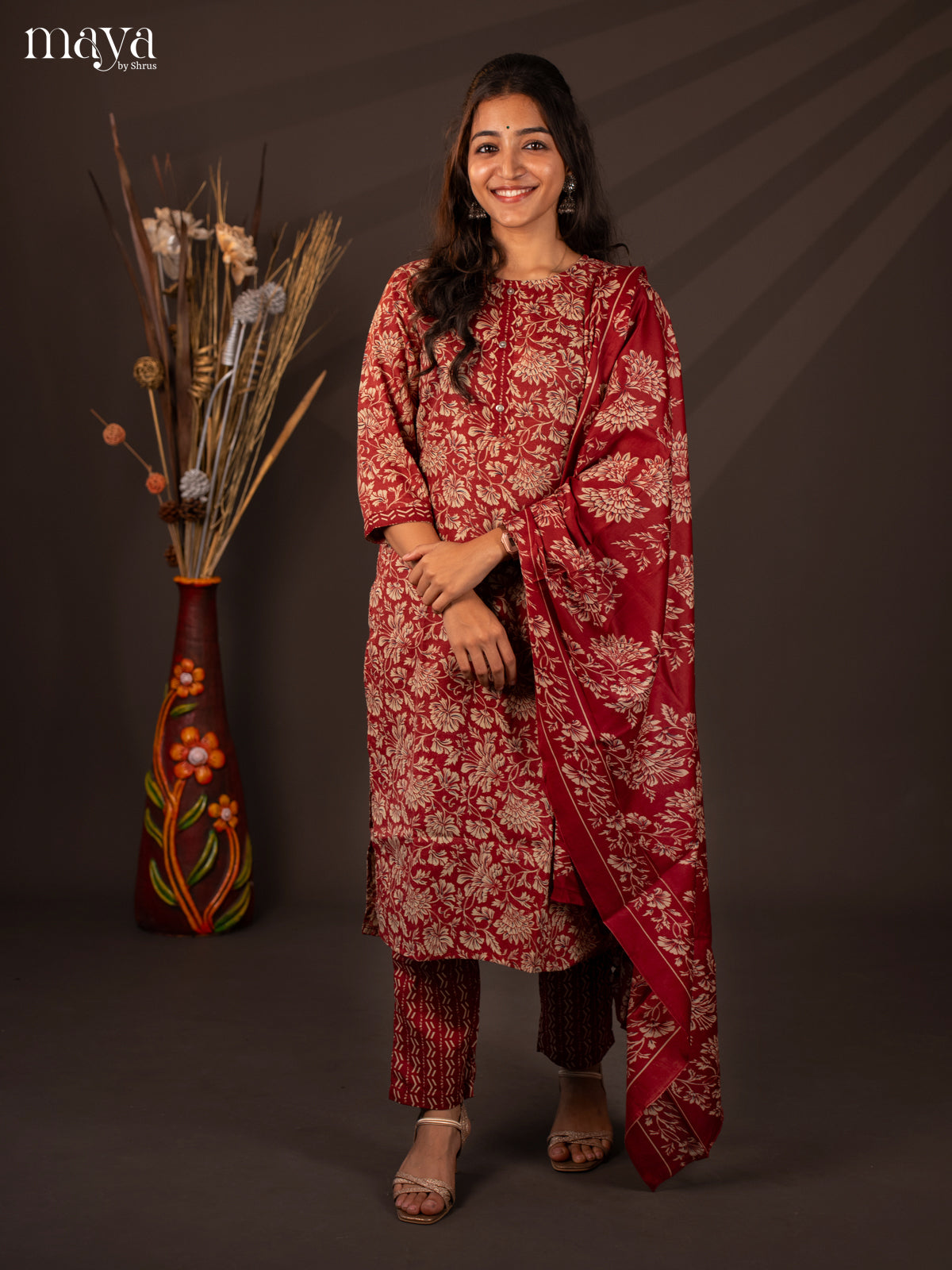 Maroon Cotton Mix 3Pc Salwar Suit With Floral Print - Top, Bottom & Dupatta