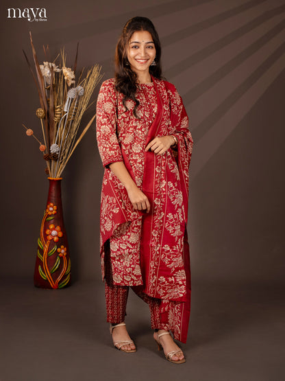 Maroon Cotton Mix 3Pc Salwar Suit With Floral Print - Top, Bottom & Dupatta - Shop on Shrus.com