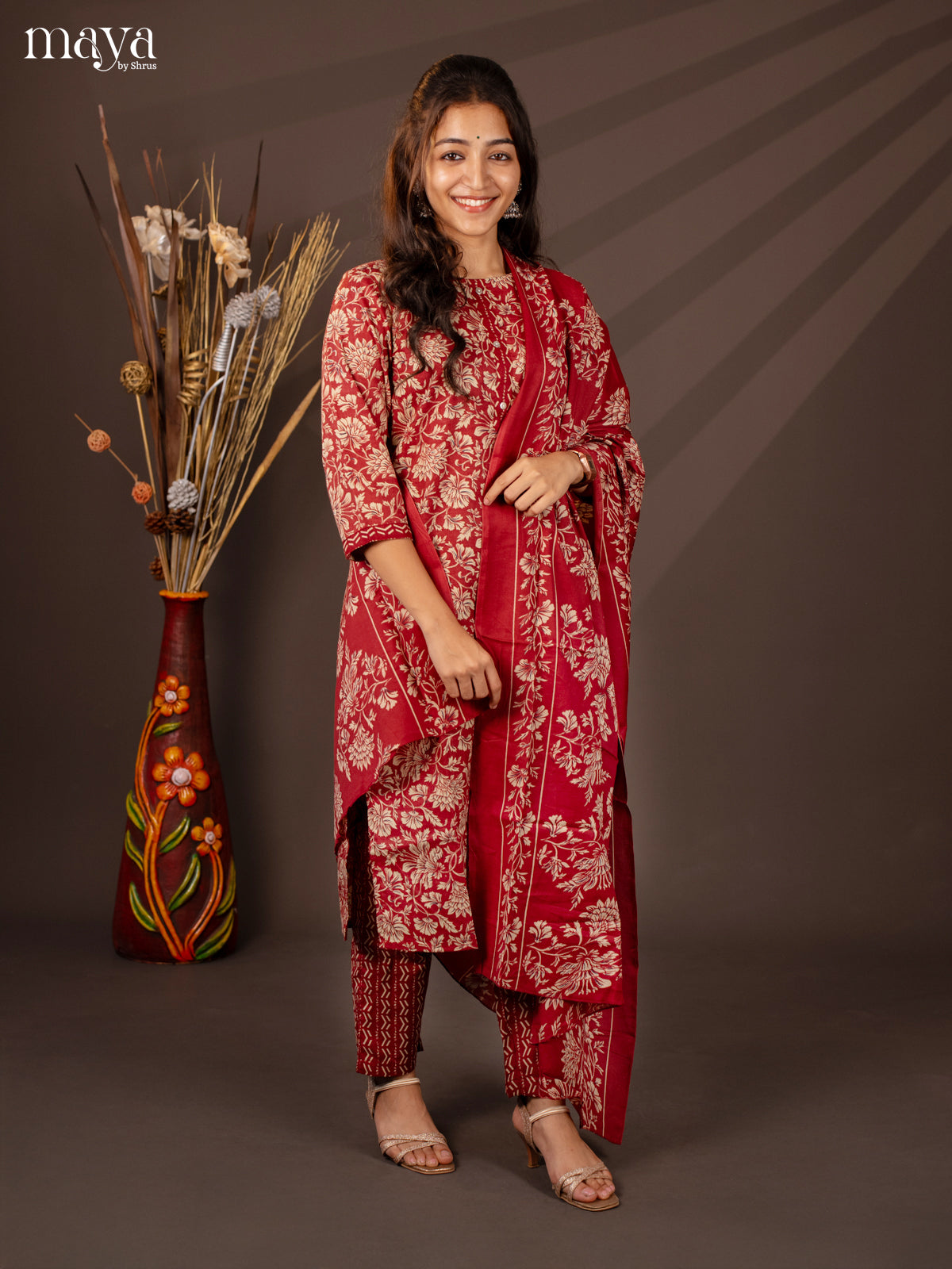 Maroon Cotton Mix 3Pc Salwar Suit With Floral Print - Top, Bottom & Dupatta