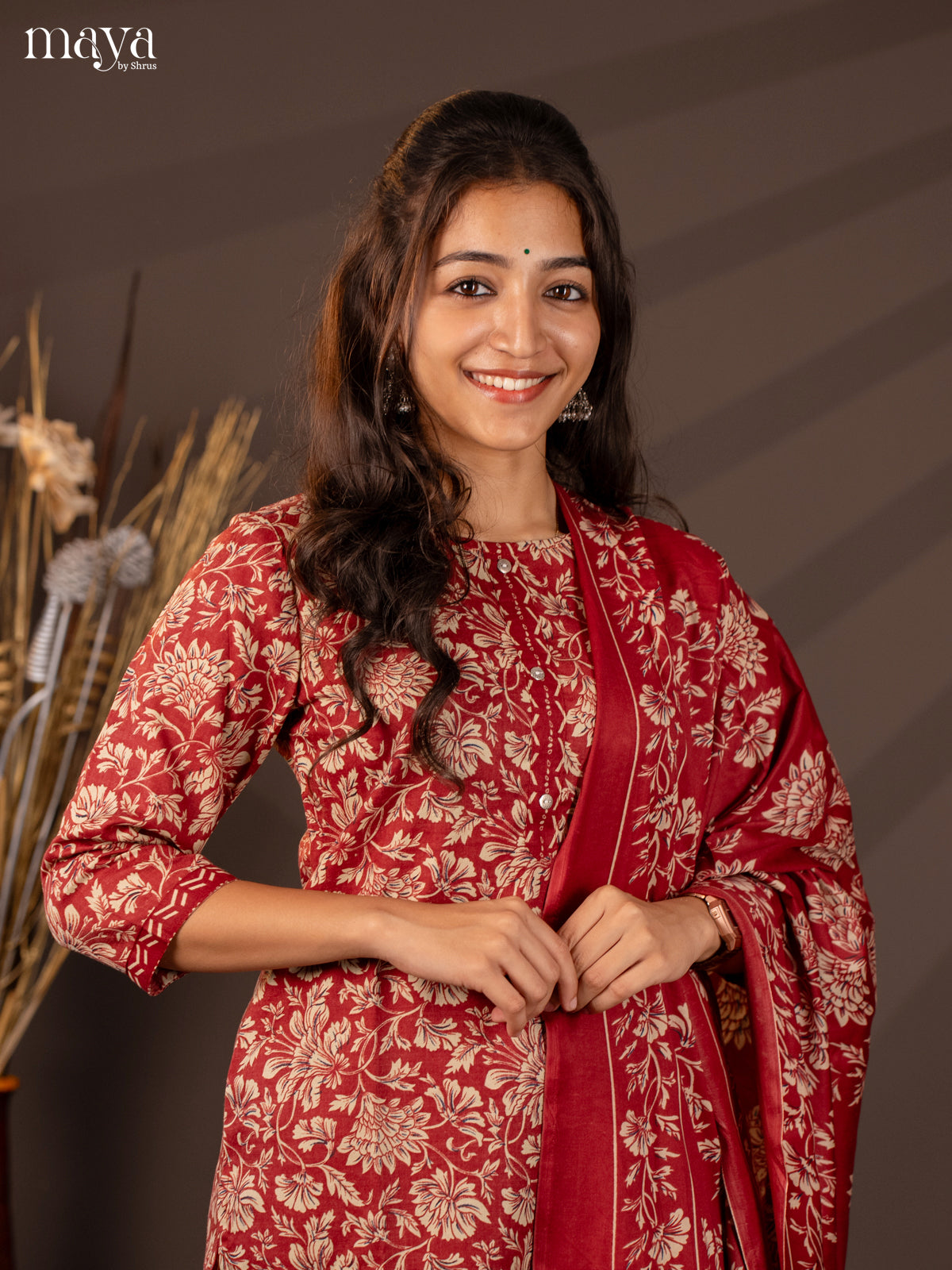 Maroon Cotton Mix 3Pc Salwar Suit With Floral Print - Top, Bottom & Dupatta