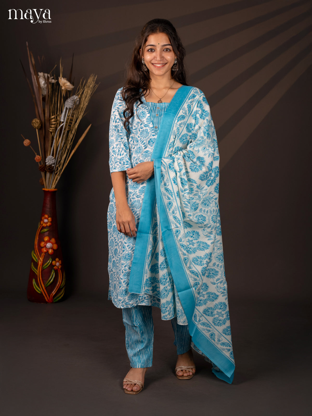 White Cotton 3Pc Cotton Salwar Suit With Floral Print - Top, Bottom & Dupatta