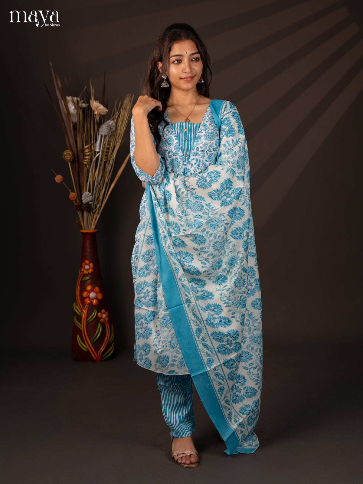 White Cotton 3Pc Cotton Salwar Suit With Floral Print - Top, Bottom & Dupatta