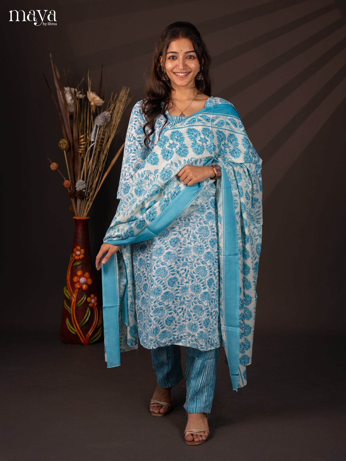 White Cotton 3Pc Cotton Salwar Suit With Floral Print - Top, Bottom & Dupatta