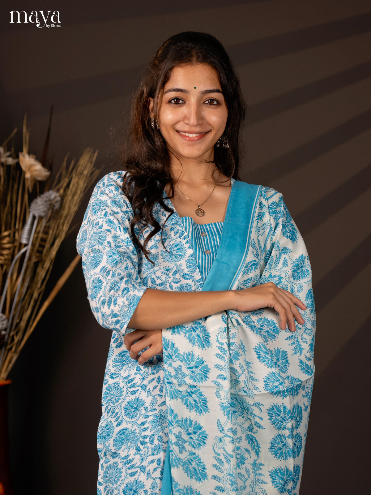 White Cotton 3Pc Cotton Salwar Suit With Floral Print - Top, Bottom & Dupatta