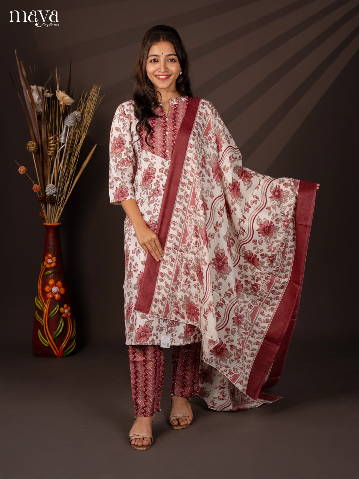 White Cotton Mix 3Pc Cotton Salwar Suit With Floral Print - Top, Bottom & Dupatta