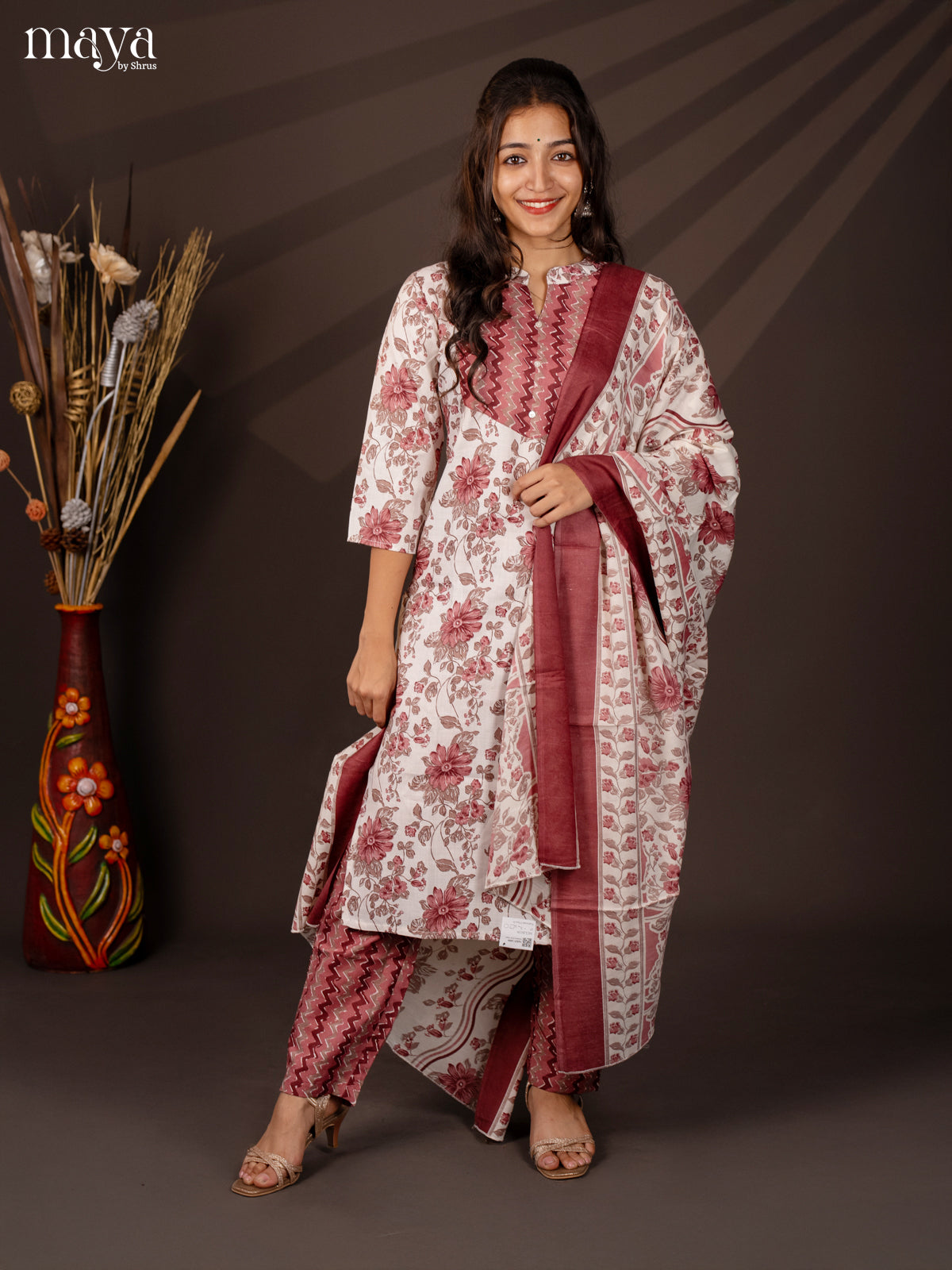 White Cotton Mix 3Pc Cotton Salwar Suit With Floral Print - Top, Bottom & Dupatta