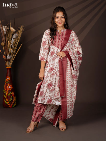 White Cotton Mix 3Pc Cotton Salwar Suit With Floral Print - Top, Bottom & Dupatta