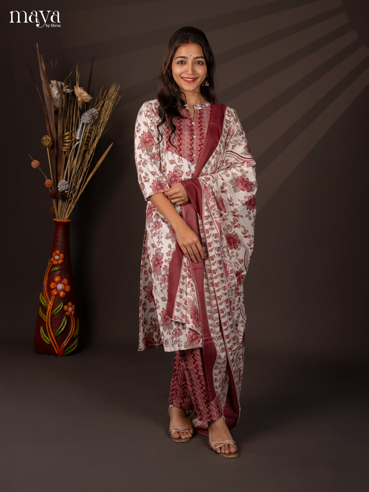 White Cotton Mix 3Pc Cotton Salwar Suit With Floral Print - Top, Bottom & Dupatta