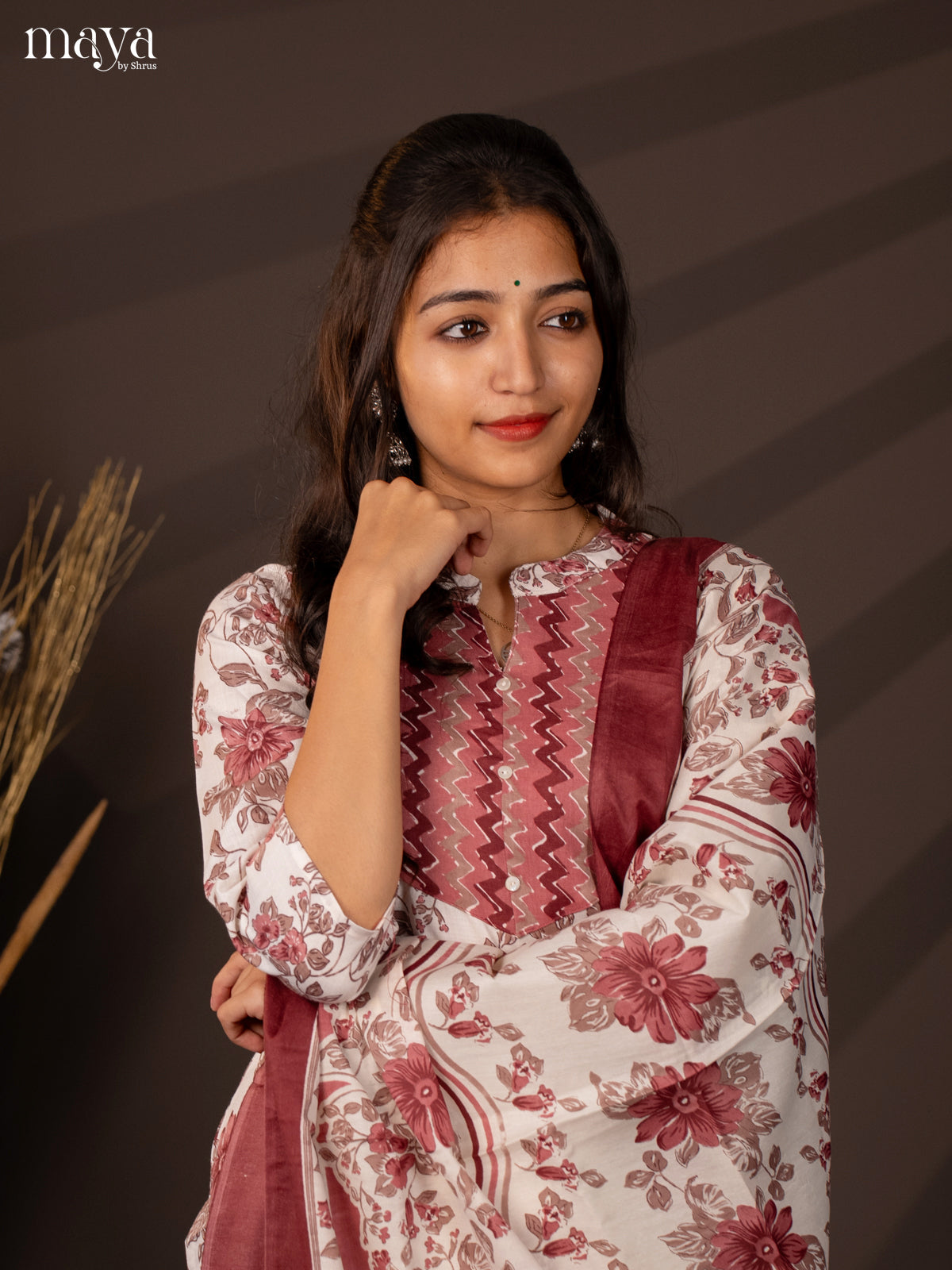 White Cotton Mix 3Pc Cotton Salwar Suit With Floral Print - Top, Bottom & Dupatta