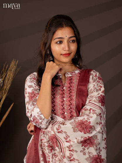 White Cotton Mix 3Pc Cotton Salwar Suit With Floral Print - Top, Bottom & Dupatta
