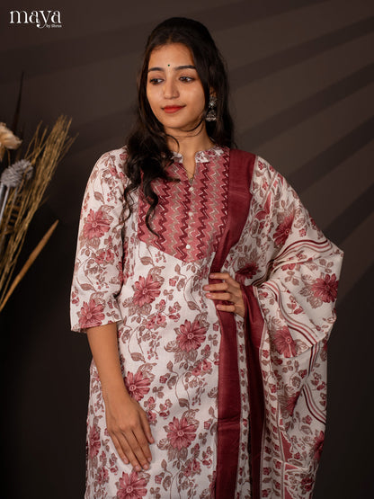 White Cotton Mix 3Pc Cotton Salwar Suit With Floral Print - Top, Bottom & Dupatta