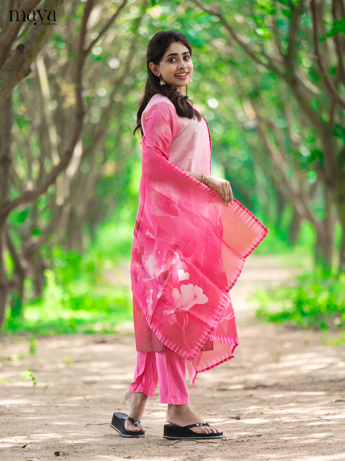 Pink Chanderi 3Pc Salwar Suit with Floral Print - Top, Bottom & Dupatta