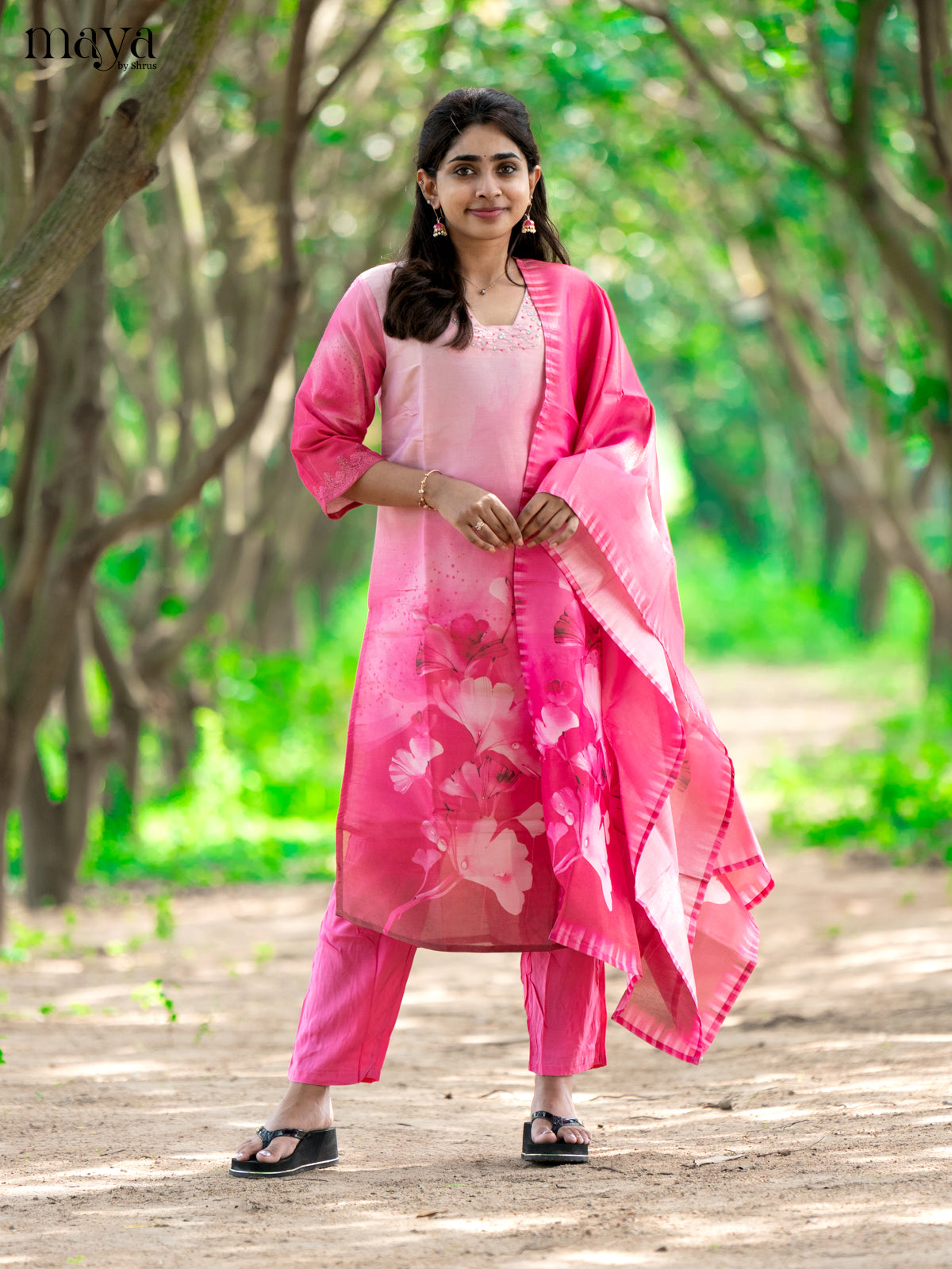 Pink Chanderi 3Pc Salwar Suit with Floral Print - Top, Bottom & Dupatta
