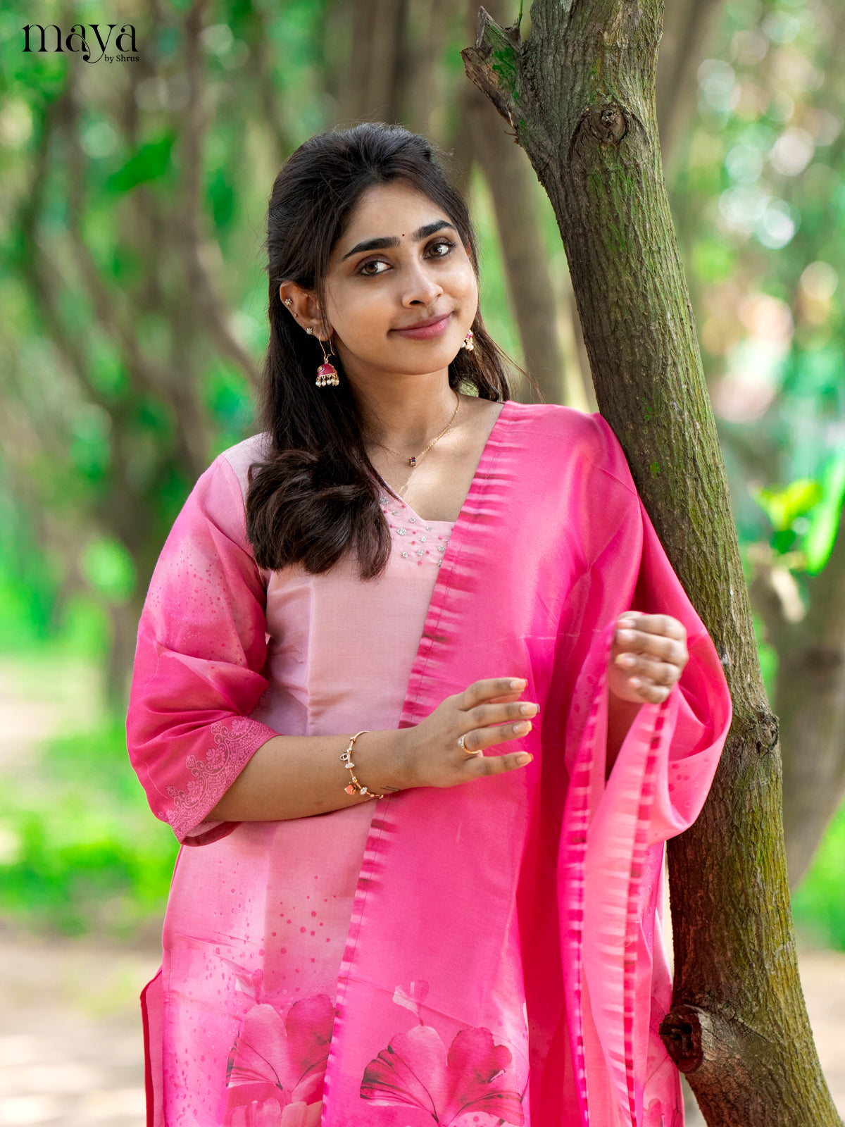 Pink Chanderi 3Pc Salwar Suit with Floral Print - Top, Bottom & Dupatta