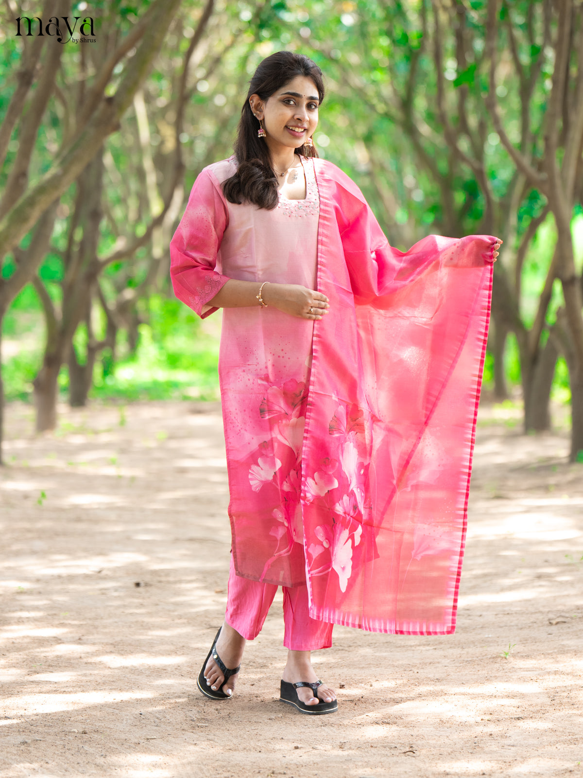 Pink Chanderi 3Pc Salwar Suit with Floral Print - Top, Bottom & Dupatta