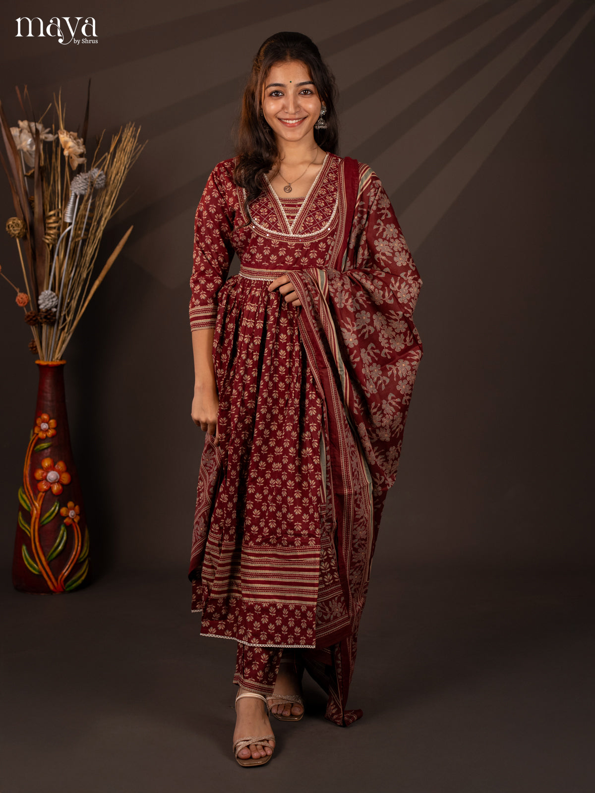 Maroon Cotton 3Pc Salwar Suit With Floral Print - Top, Bottom & Dupatta
