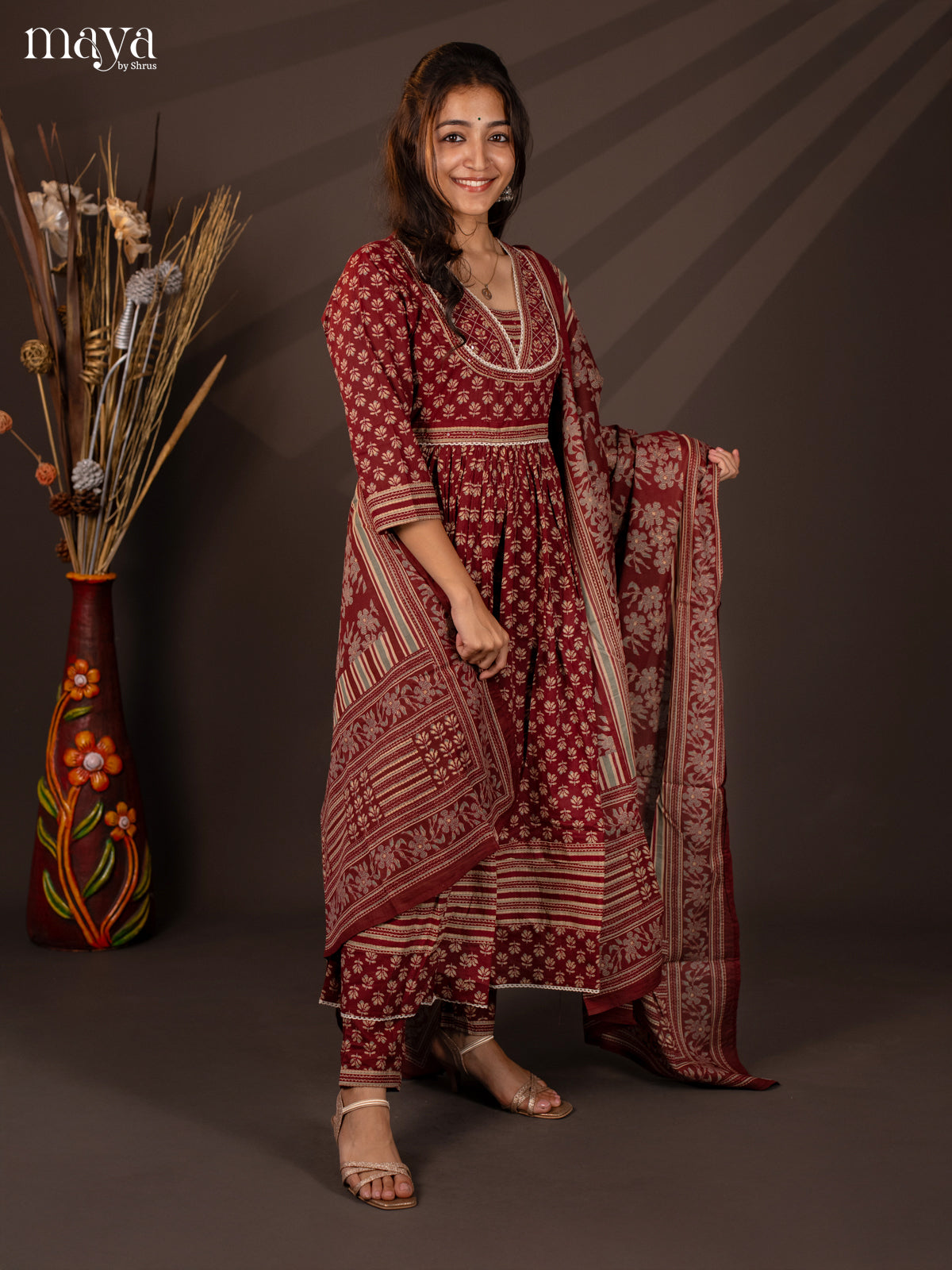 Maroon Cotton 3Pc Salwar Suit With Floral Print - Top, Bottom & Dupatta