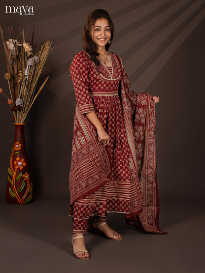 Maroon Cotton 3Pc Salwar Suit With Floral Print - Top, Bottom & Dupatta