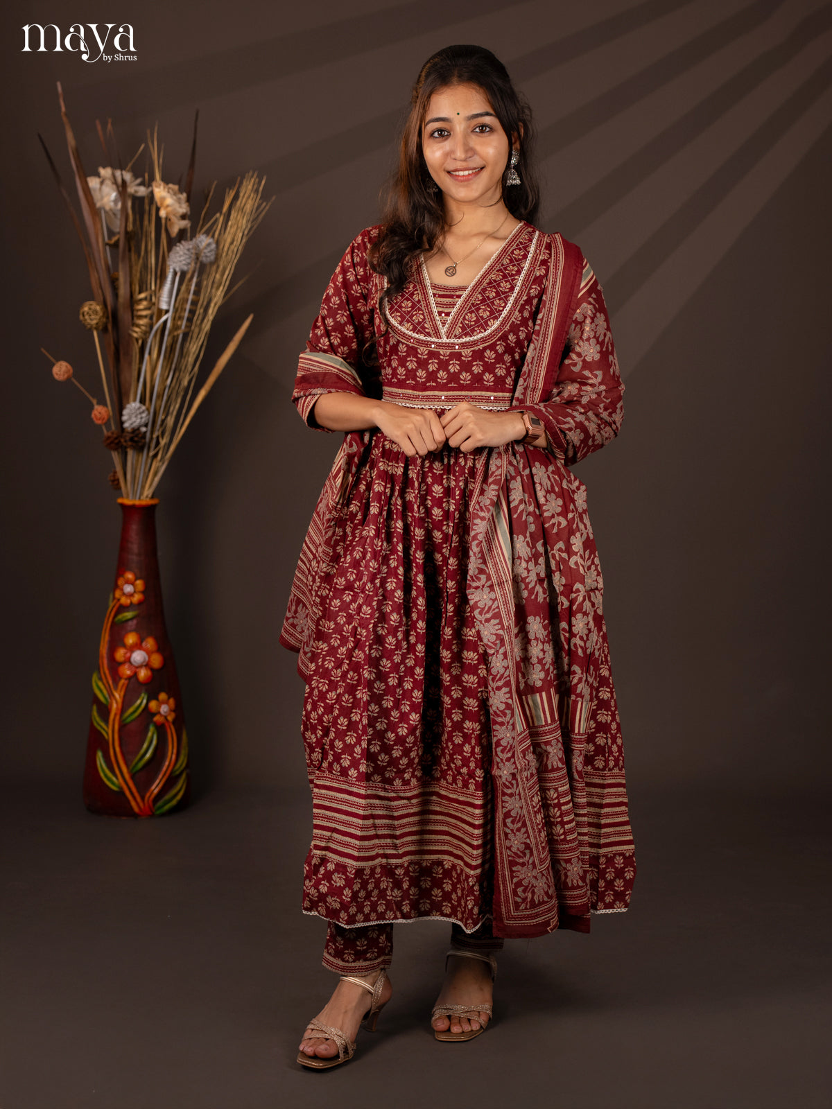 Maroon Cotton 3Pc Salwar Suit With Floral Print - Top, Bottom & Dupatta