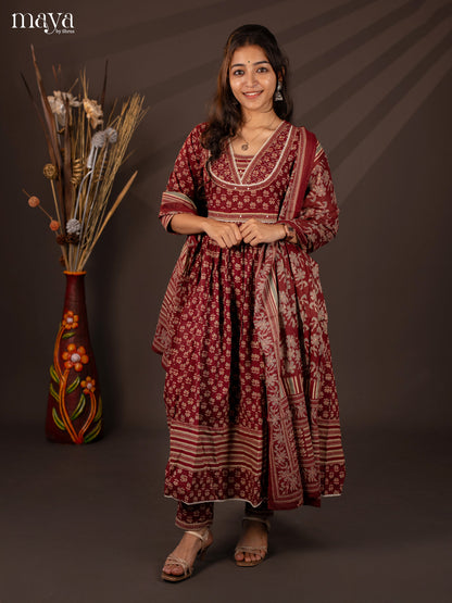 Maroon Cotton 3Pc Salwar Suit With Floral Print - Top, Bottom & Dupatta