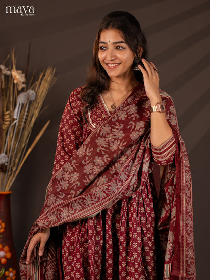 Maroon Cotton 3Pc Salwar Suit With Floral Print - Top, Bottom & Dupatta