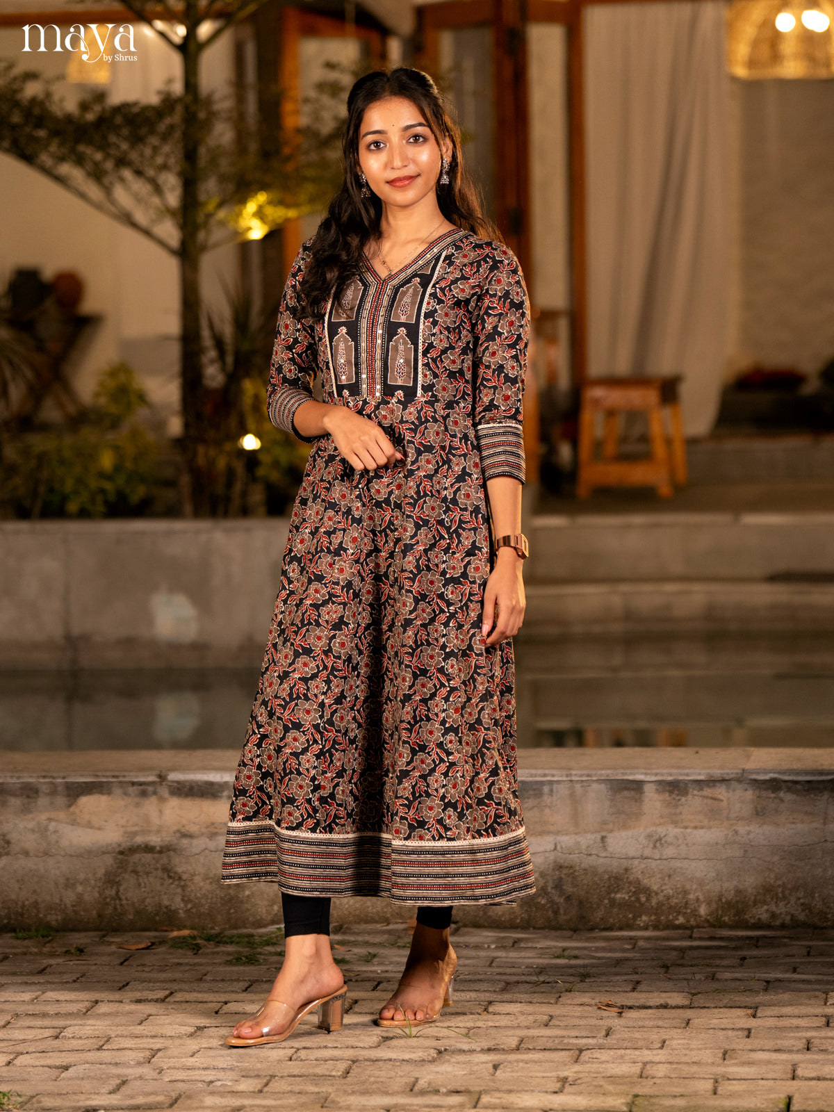 Floral Printed Black Cotton Kurti