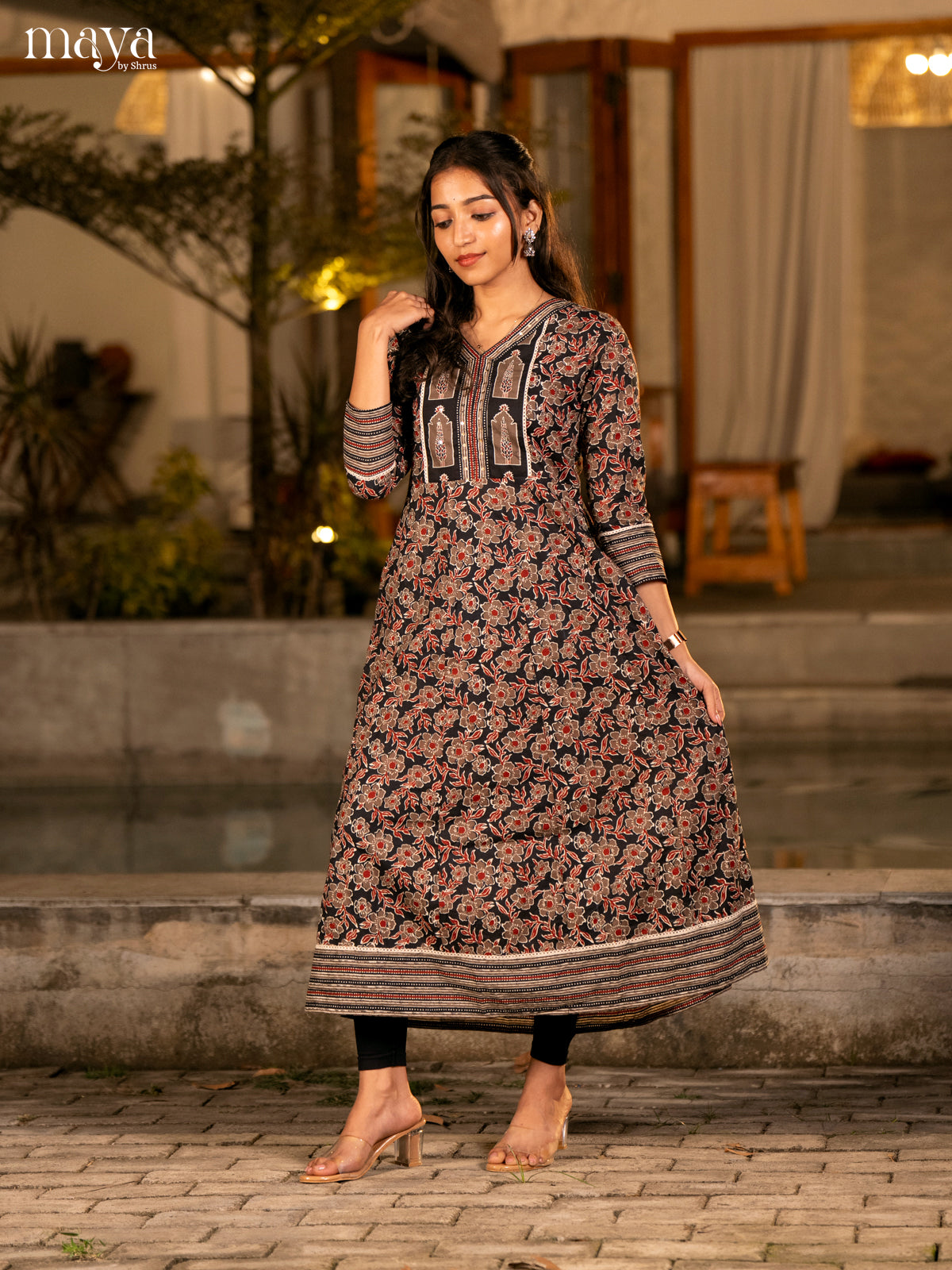 Floral Printed Black Cotton Kurti