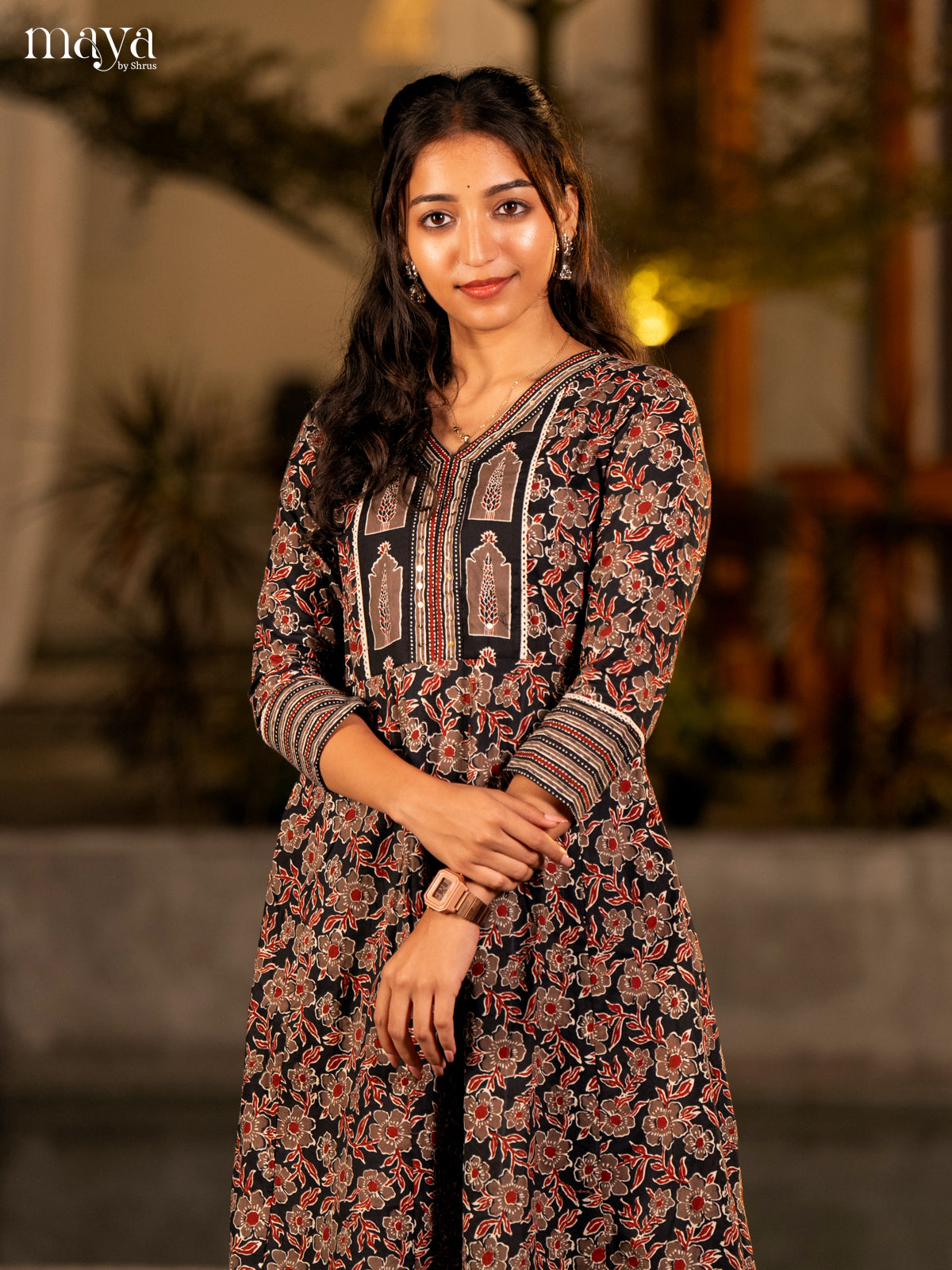 Floral Printed Black Cotton Kurti