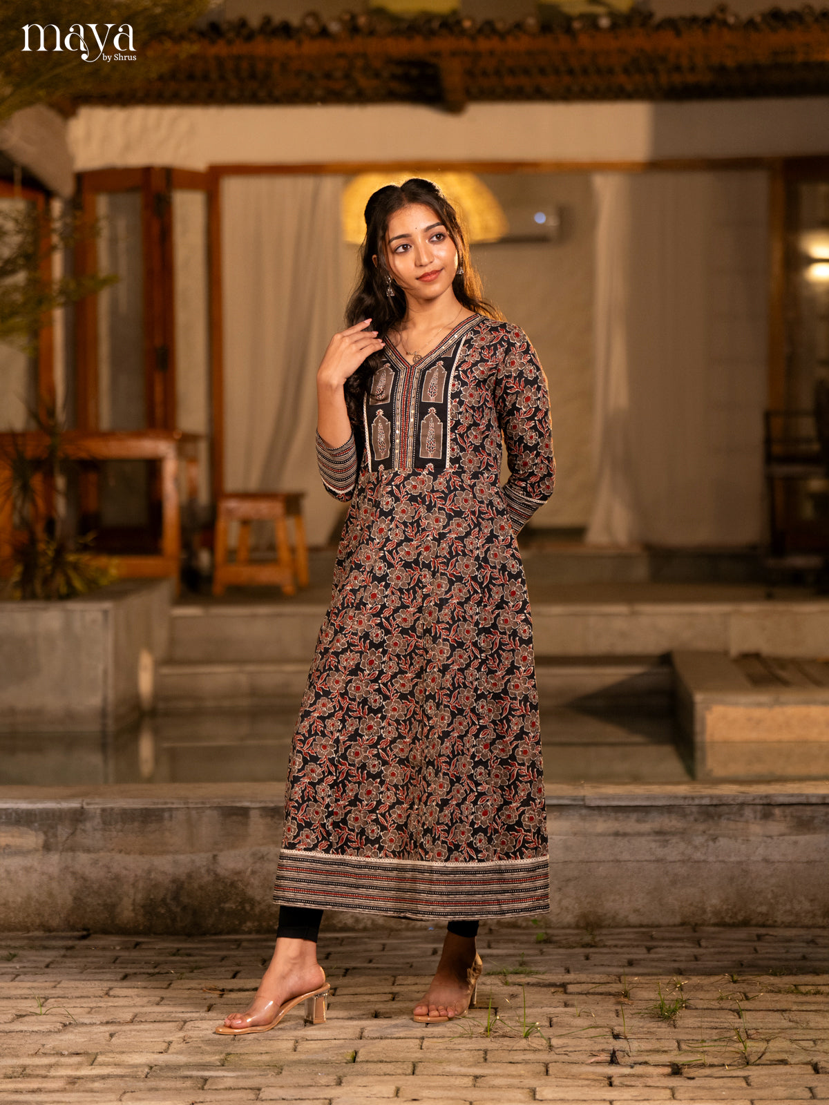 Floral Printed Black Cotton Kurti