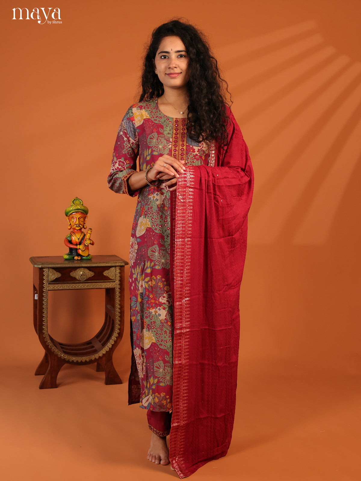 Maroon Linen Cotton 3Pc Salwar Suit With Floral Print - Top, Bottom & Dupatta