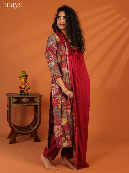 Maroon Linen Cotton 3Pc Salwar Suit With Floral Print - Top, Bottom & Dupatta
