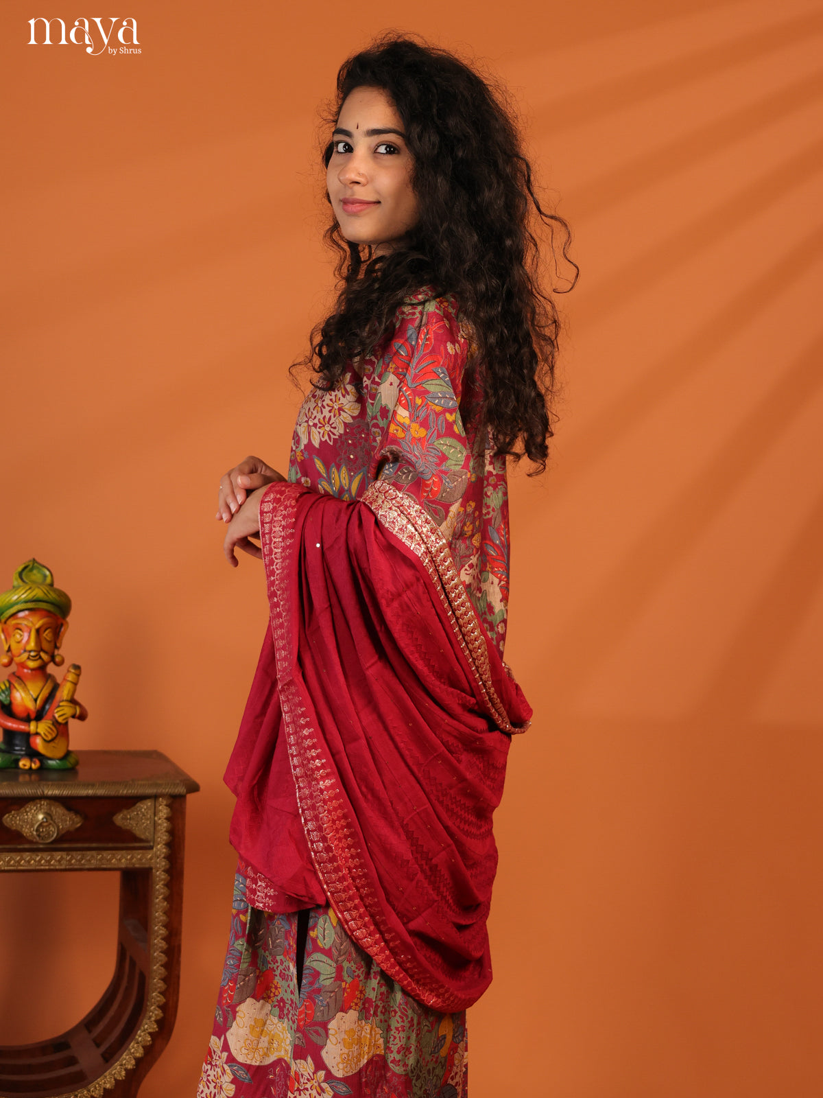 Maroon Linen Cotton 3Pc Salwar Suit With Floral Print - Top, Bottom & Dupatta