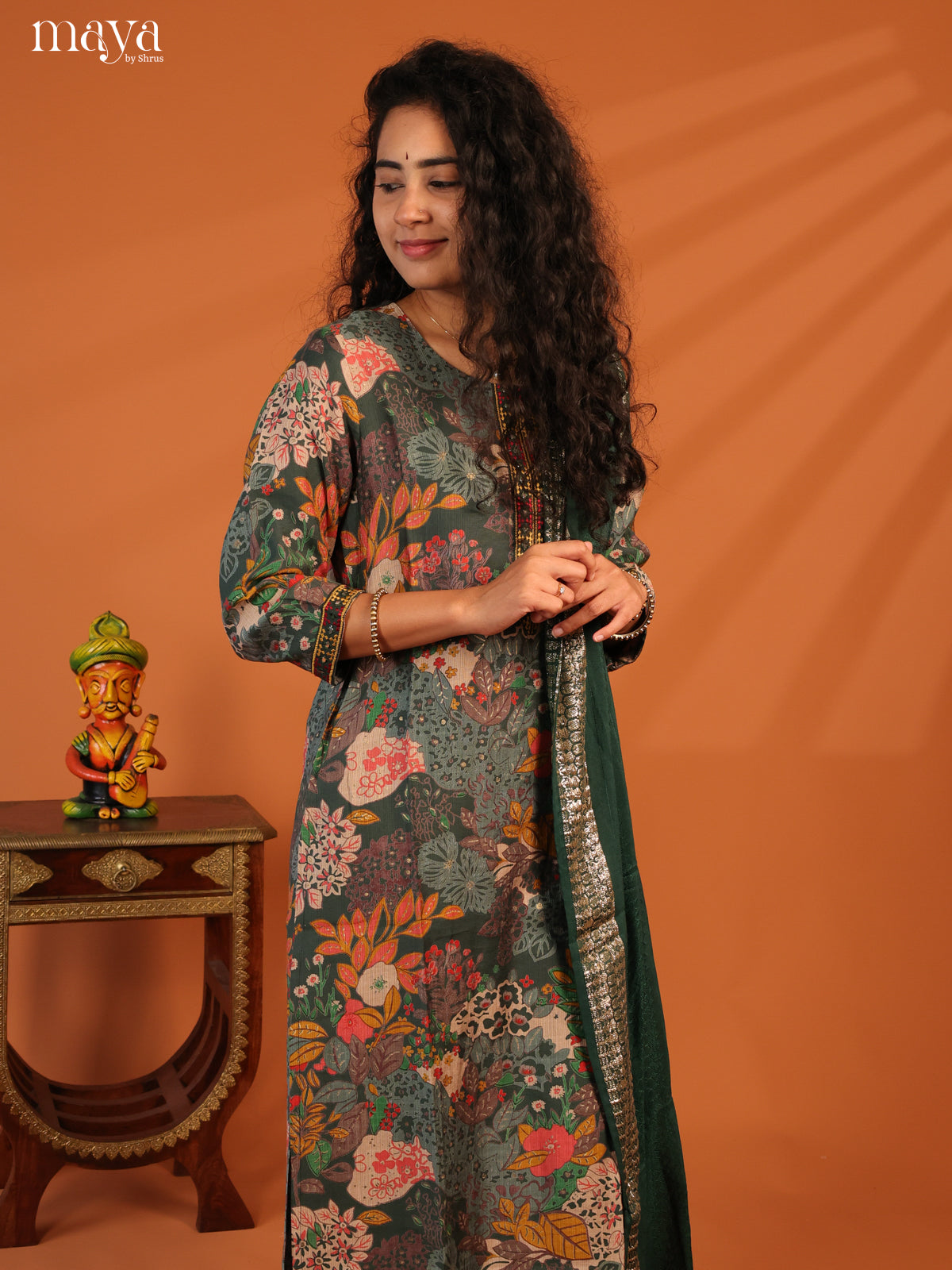 Green Linen Cotton 3Pc Salwar Suit With Floral Print - Top, Bottom & Dupatta