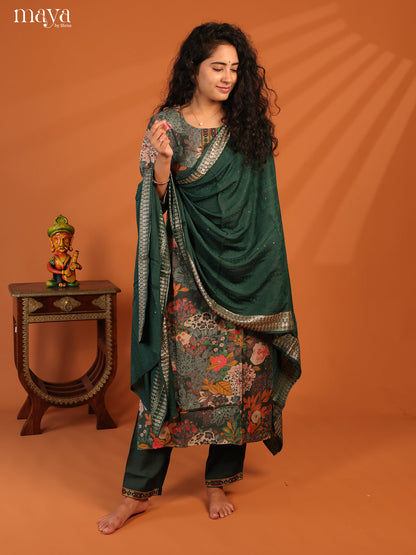 Green Linen Cotton 3Pc Salwar Suit With Floral Print - Top, Bottom & Dupatta