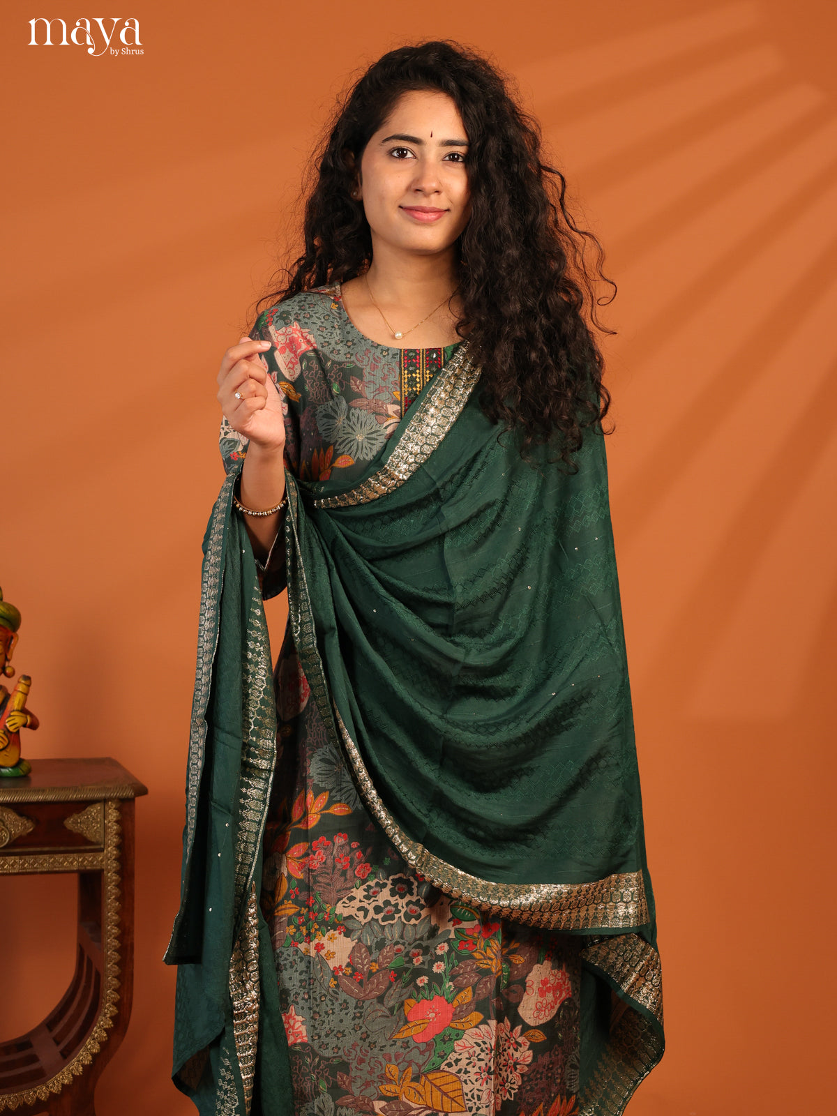 Green Linen Cotton 3Pc Salwar Suit With Floral Print - Top, Bottom & Dupatta