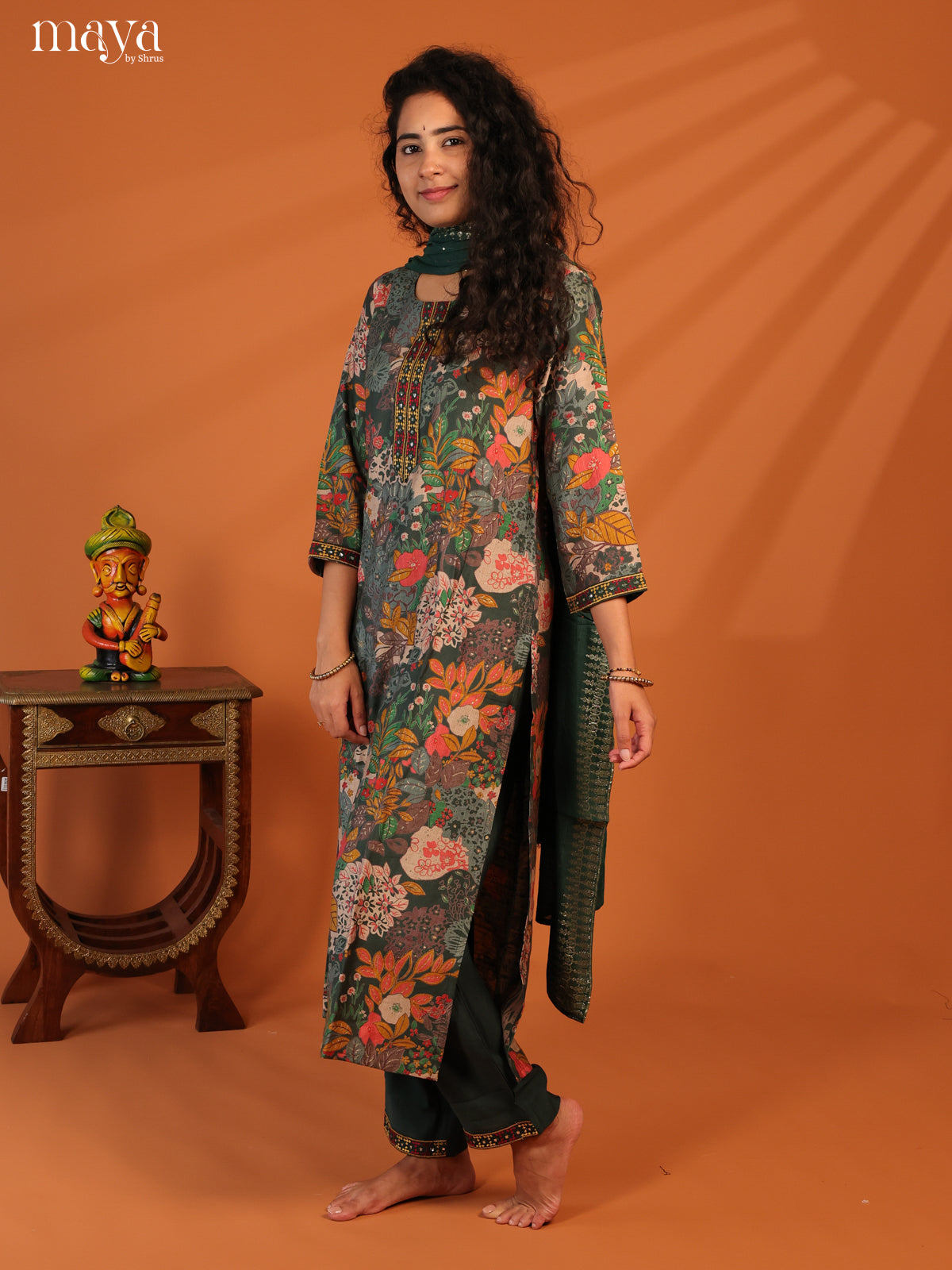Green Linen Cotton 3Pc Salwar Suit With Floral Print - Top, Bottom & Dupatta