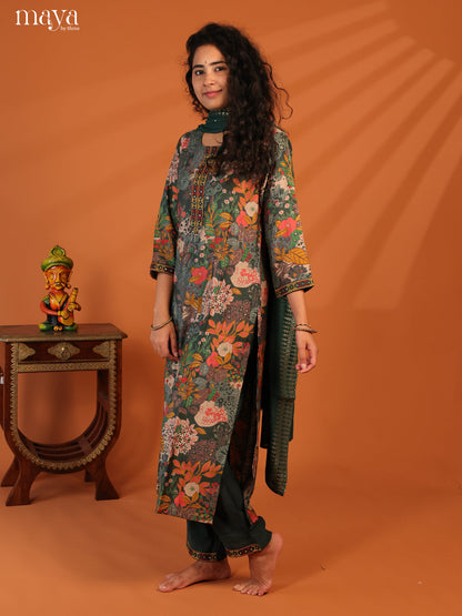 Green Linen Cotton 3Pc Salwar Suit With Floral Print - Top, Bottom & Dupatta