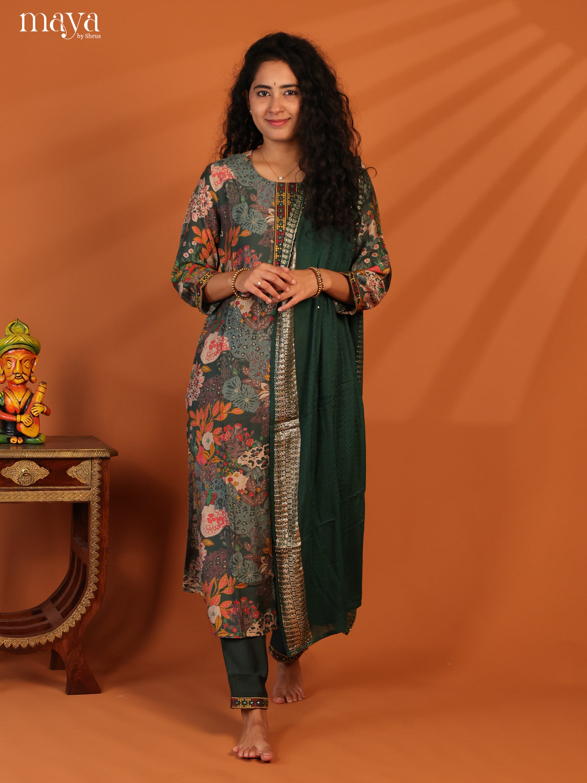 Green Linen Cotton 3Pc Salwar Suit With Floral Print - Top, Bottom & Dupatta