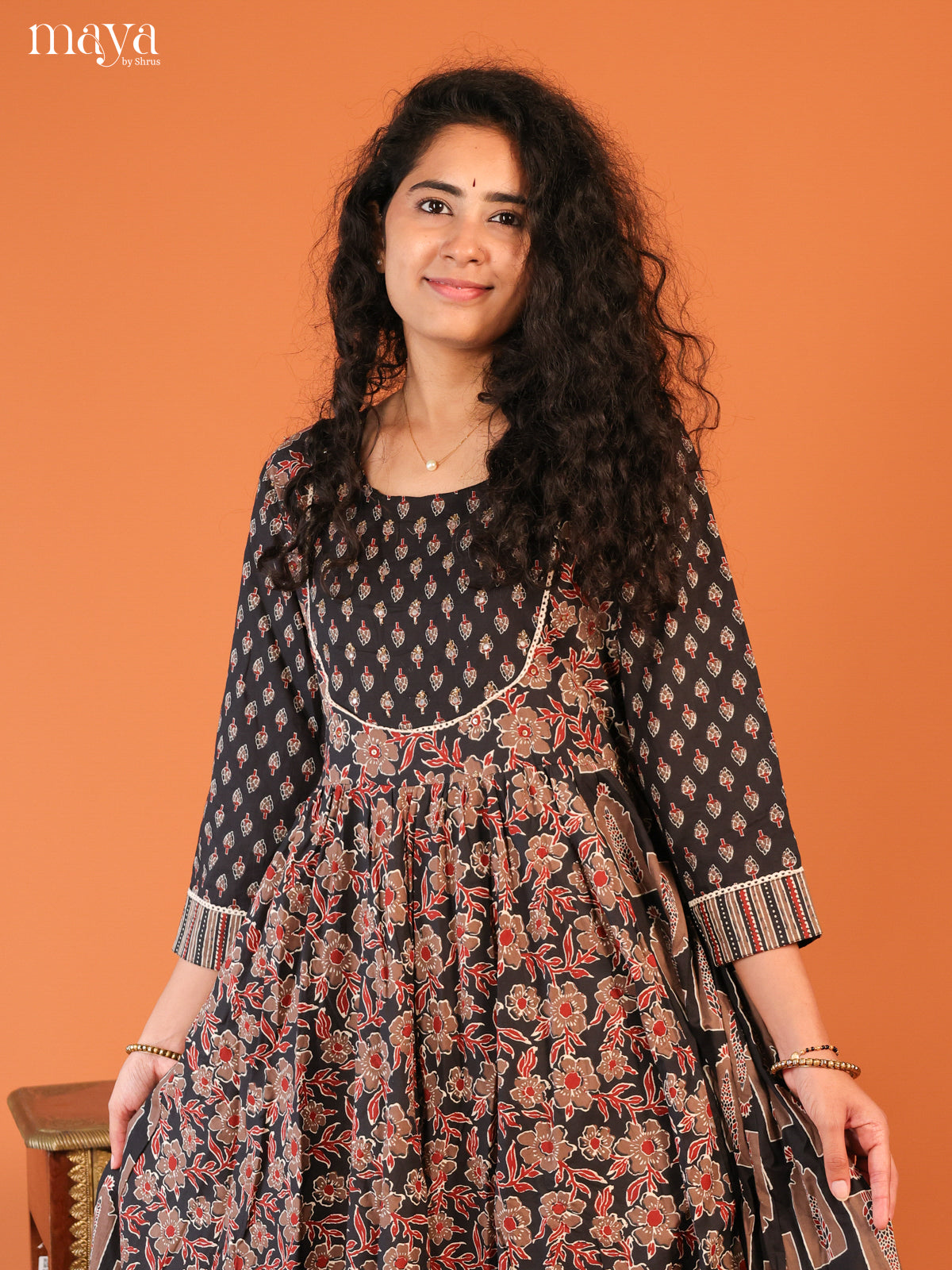 Floral Printed Black Cotton Kurti