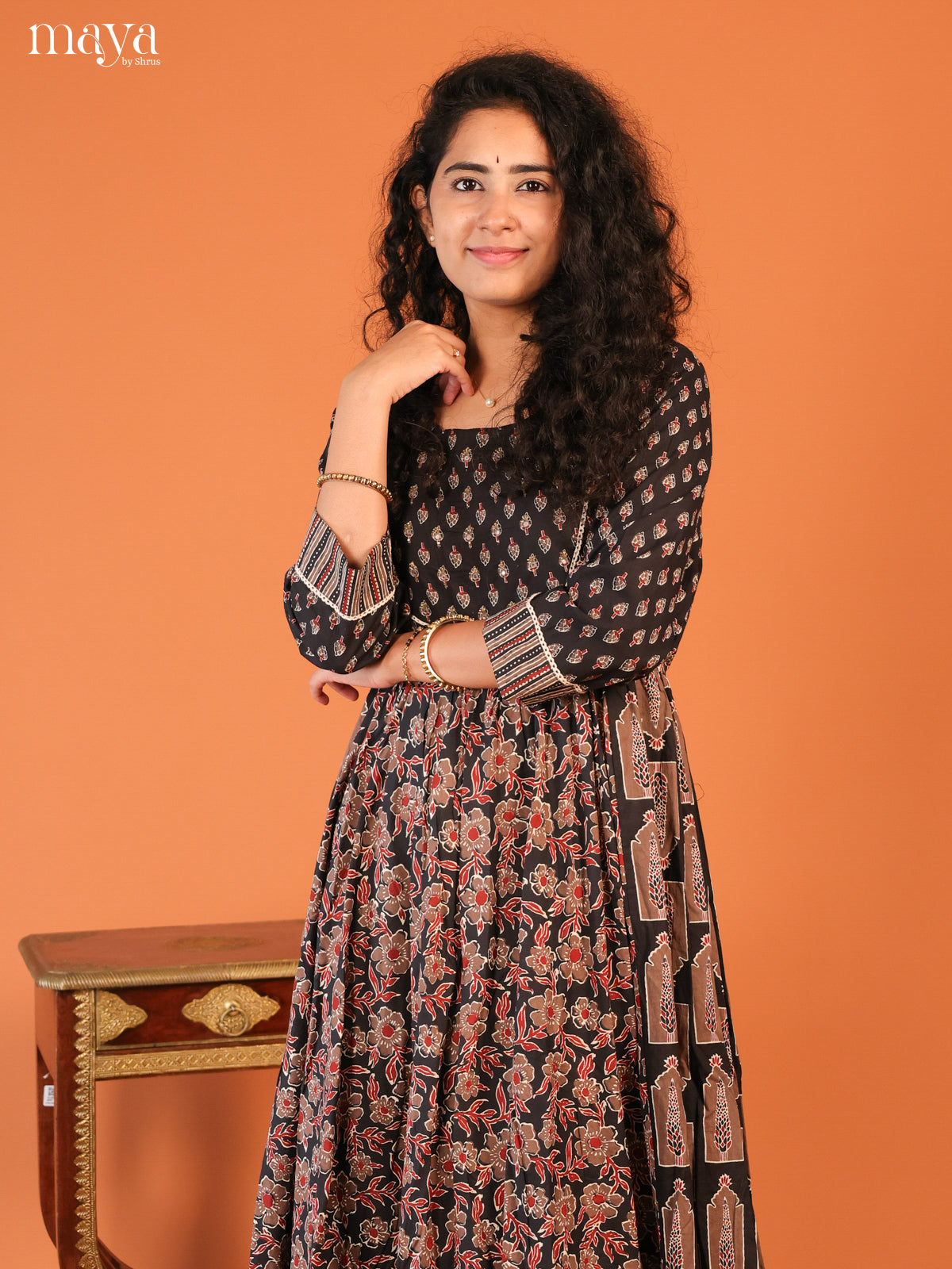Floral Printed Black Cotton Kurti